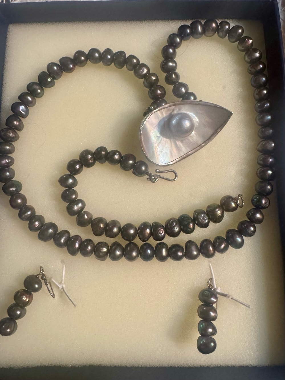 Black Peacock Pearl Necklace and Earrings Set